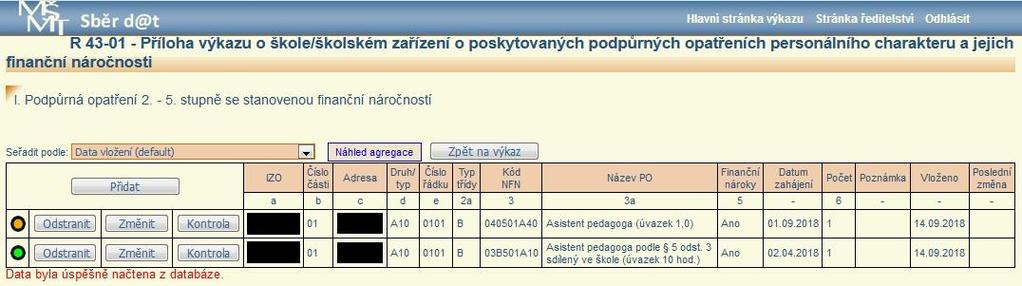 příslušném řádku zelený terčík, v případě, že záznam neprošel kontrolními vazbami a byl označen jako chybný, zobrazuje se v