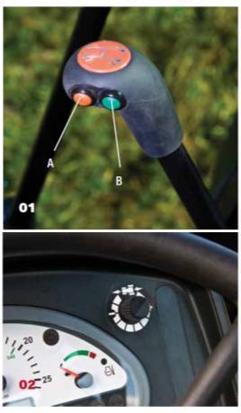 Převodovka nová 24x12 Převodovka Powershuttle Tlačítko vypnutí spojky Tlačítko vypnutí spojky na řadicí páce lze používat pro mechanickou změnu převodového stupně, při rozjíždění nebo zastavení