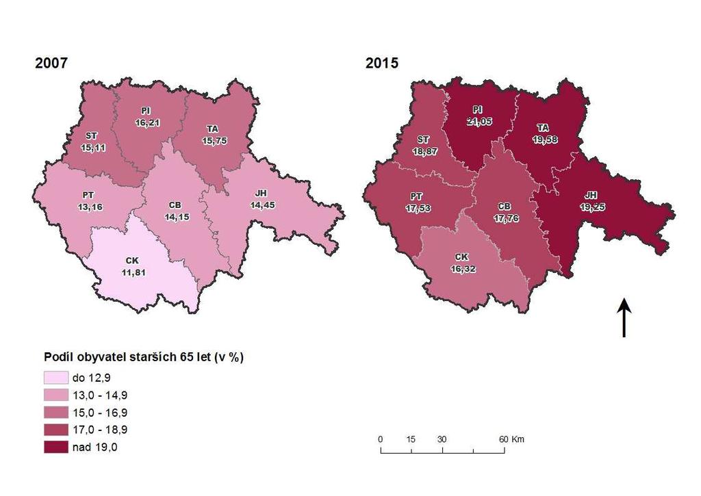 Graf 3: Podíl obyvatel starších 65 let v Jihočeském kraji v letech 2007 a 2015 a průměrný koeficient růstu za kraj celkově a jednotlivé okresy 22 Stav obyvatel 65+/stav obyvatel 20 18 16 14 12 10