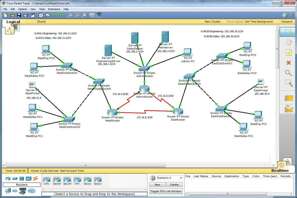 Obrázek 3.1: Ukázka modelování v Packet Tracer Modelování simulovaného prostředí probíhá tažením myši prvků z knihovny (např. routery, switche) a následným propojením, viz obr. 3.1. Tento simulátor se nezaměřuje na simulaci úložiště a byl zkoumán a zmíněn hlavně kvůli inspiraci při návrhu vlastního simulátoru.