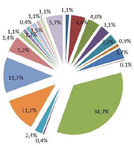 Oblasti, ve kterých pracuje nejvíce zaměstnanců v sektoru neziskových institucí, jsou sociální služby (22,1 %), náboženství (9,9 %) a zdraví (7,6 %), sekundární vzdělávání (6,9 %).