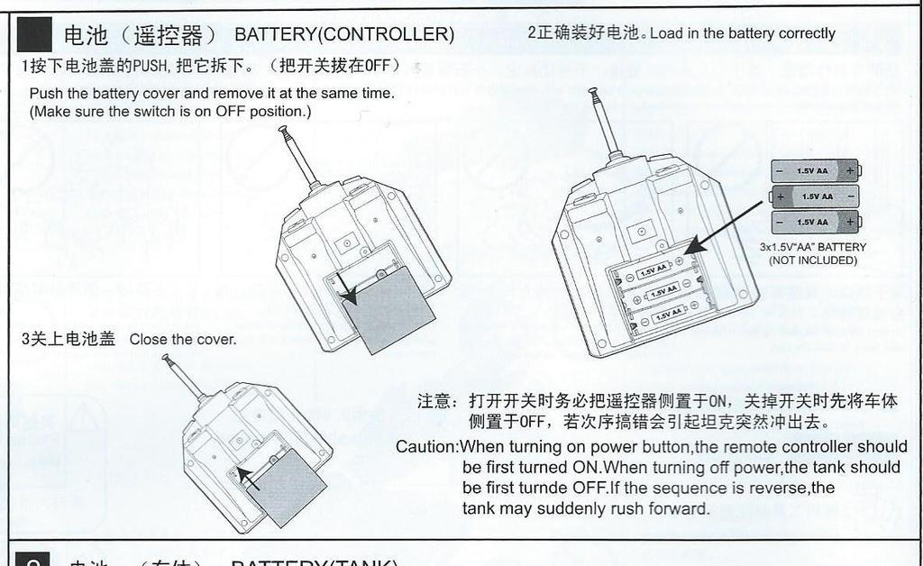 Push the battery cover and remove it at the same time (make sure the switch is on OFF position)- otevřete kryt baterie posunem ve směru šipky, jak je znázorněno na obrázku, (ujistěte se, ţe dálkové