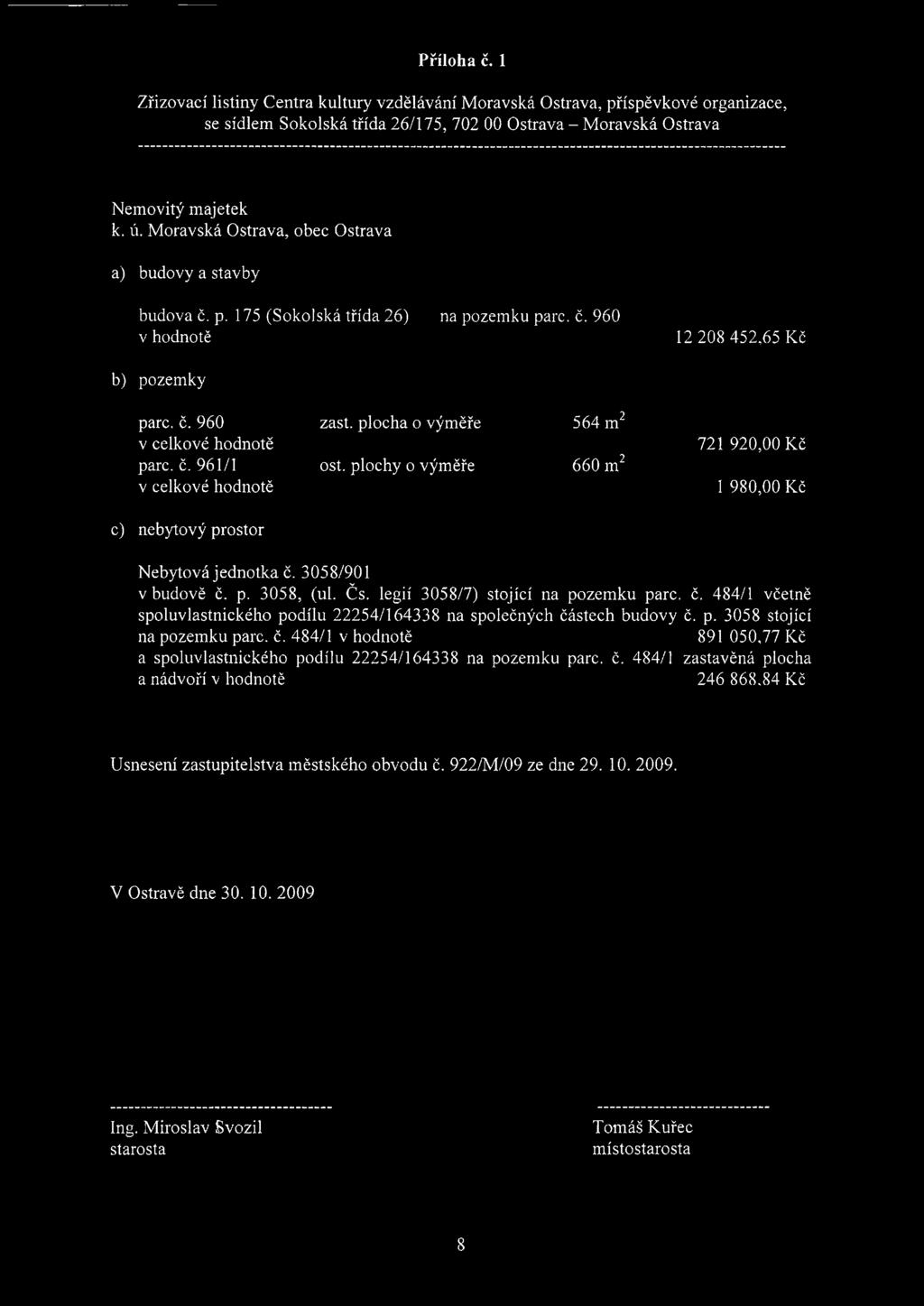 majetek k. ú. Moravská Ostrava, obec Ostrava a) budovy a stavby budova č. p. 175 (Sokolská třída 26) na pozemku pare. č. 960 12 208 452,65 Kč b) pozemky pare. č. 960 zast.