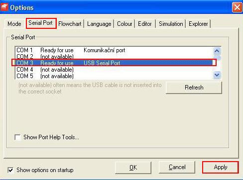 Obrázek 20). V nastavení Seriál Port vybereme příslušný COM pro USB Seriál Port a volbu potvrdíme, stisknutím tlačítka Apply.