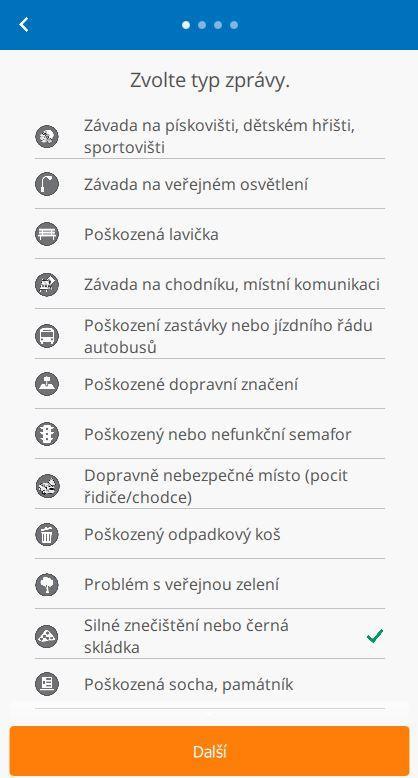 KROK 2: Pro zaznamenání nového prvku je nejprve nutné vybrat jednu z nabízených kategorií závad (viz Obrázek 6). Kategorii vyberete kliknutím. Po vybrání je kategorie označena zeleným zatrhnutím.