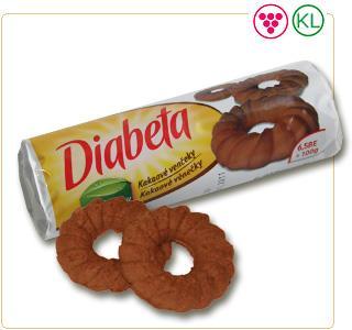 DIABETA Polomáčané sušienky 90g (SK) Kakaové sušienky s fruktózou, s maslovou arómou polomáčané kakaovou polevou s fruktózou.