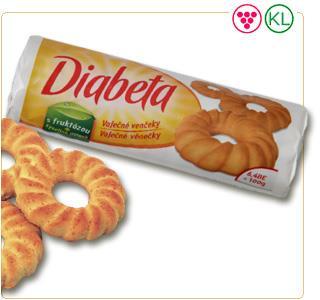 DIABETA Diabeta žĺtkové venčeky s fruktózou 100g (SK) Žĺtkové venčeky - sušienky s fruktózou. Vhodné aj pre diabetikov v rámci doporučeného denného energetického príjmu.