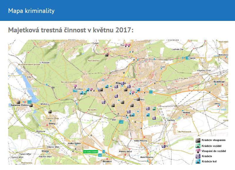 Mapa kriminality na území města Kladna za poslední měsíc