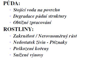 Změny fyzikálních vlastností půd Způsobuje: nadměrné množství hospodářských zvířat na danou velikost