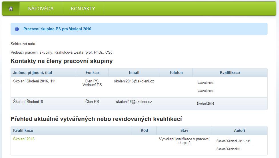 Po otevření odkazu na členství v pracovní skupině se zobrazí přehled členů pracovní skupiny včetně kontaktních údajů a přehled aktuálně vytvářených nebo revidovaných kvalifikací (obrázek č. 16).