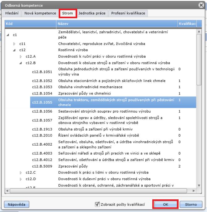 Obrázek 36 Formulář odborné kompetence Centrální databáze kompetencí Strom Jednotka práce Výběr textových formulací odborných dovedností lze provádět také na základě kompetencí přiřazených u jednotky