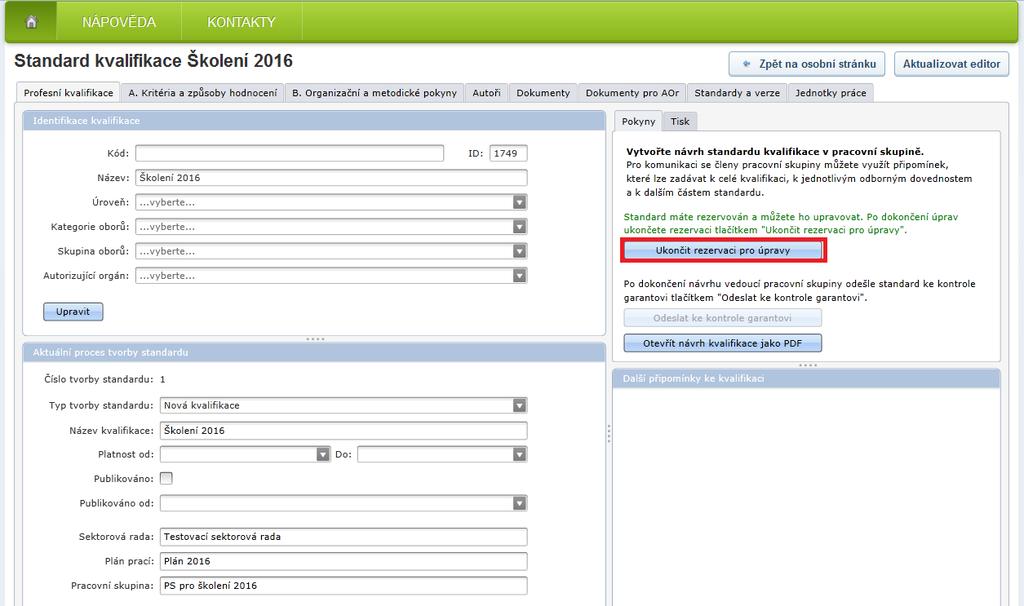 na záložku Profesní kvalifikace a ukončí rezervaci standardu stiskem tlačítka (obrázek