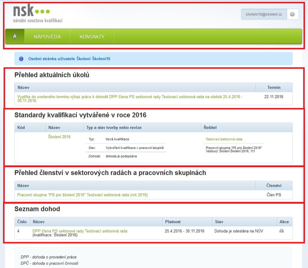 Obrázek 4 - Úvodní osobní stránka uživatele IS NSK - Člen PS Záhlaví stránky Záhlaví stránky je stejné na všech stranách interního webu IS NSK (obrázek č. 5).