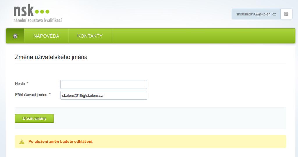 Změna přihlašovacího jména Pomocí tohoto formuláře lze změnit přihlašovací jméno uživatele interního webu IS NSK, které bylo uživateli pro první přístup automaticky vygenerováno a zasláno na jeho