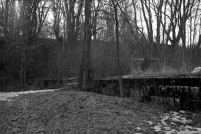 dálniční most na trase dálnice od severu. Okolí mostu je velmi zarostlé vegetací, což ztěžuje fotodokumentaci (1986). 5procentní klesání k řece Svitavě.