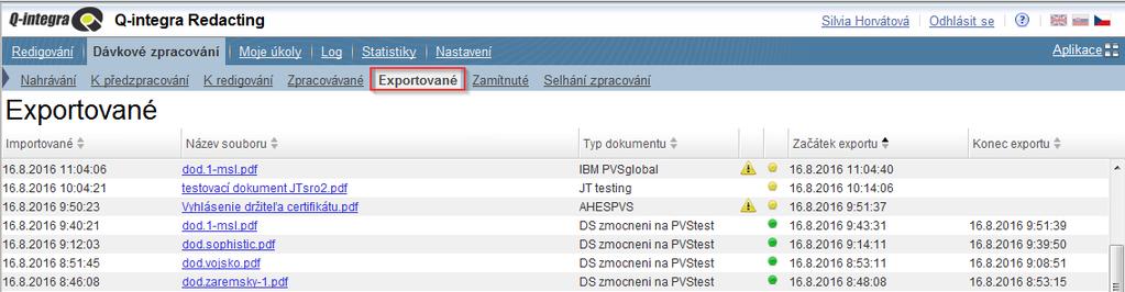 Pozn. Aplikace čte v průběhu dne pouze nepřečtené zprávy z Registru smluv. V případě, že je potvrzující email přečten uživatelem dřív, než aplikací, export je označen za úspěšný až následující den.