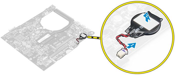 c sestava pevného disku d klávesnice e opěrka rukou f základní deska 3 Postup vyjmutí knoflíkové baterie: a Odpojte kabel knoflíkové baterie od konektoru na základní desce.