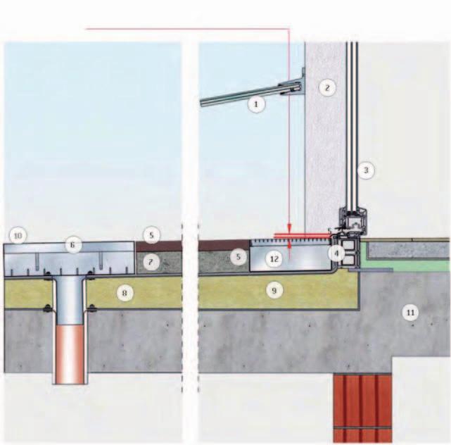 MONTÁŽNÍ POKYNY MEATEC Příklad montáže pro bezbariérové stavby podle DIN 18040 část 1 a 2 a Směrnice o plochých střechách, odst. 4.4 (3) Zateplená střecha = max. 20 mm práh podle DIN 18040 1.