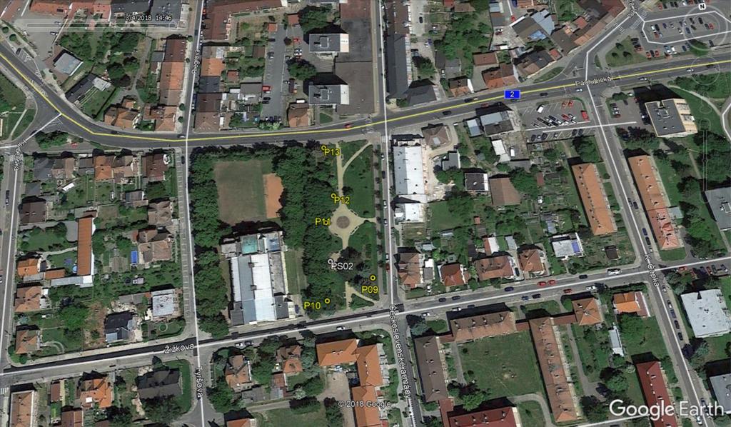 Vizualizace GPS záznamu budek na lokalitě náměstí u sokolovny v roce 2018, Přelouč (n=6). Podklad: Google Earth Pro 7.3.1, Garmin BaseCamp v4.6.2. Vysvětlivky: P sýkorníky; PS špačník. 5.