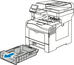 Papír a média Úprava zásobníků 1 a 2 podle délky papíru: 1. Vyjměte ze zásobníku všechen papír. 2. Vyjměte zásobník z tiskárny: Vytáhněte ho až na doraz, mírně nadzvedněte jeho přední část a vytáhněte ho z tiskárny.