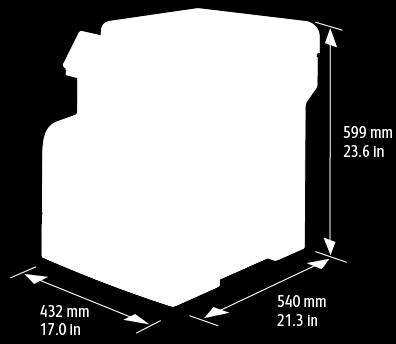 Technické údaje Fyzické specifikace Hmotnost a rozměry Standardní konfigurace Konfigurace s volitelným podavačem na 550 listů Šířka 432 mm (17 palců) 432 mm (17 palců) Hloubka 540 mm (21,3 palce) 540