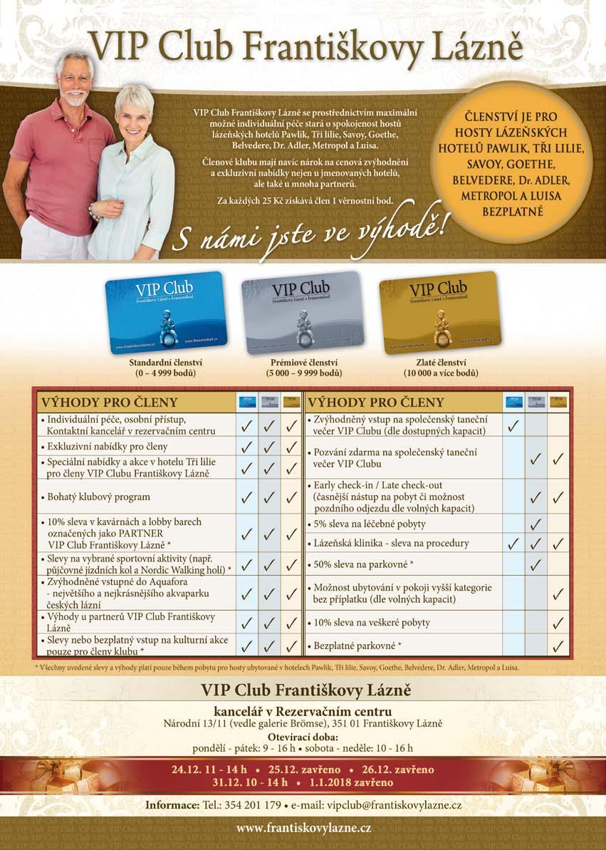 PARTNEŘI VIP CLUBU FRANTIŠKOVY LÁZNĚ PAMÁTKY, GALERIE, INFOCENTRA 1. Jan Becher Muzeum Karlovy Vary 25 % 25 % 25 % na vstup 2. Hrad Seeberg obec Ostroh 10 % 10 % 10 % na vstup 3.