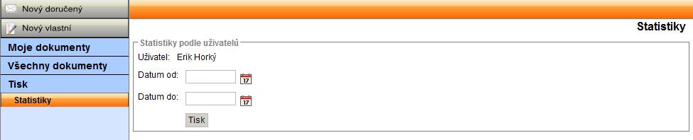 Tisk statistického přehledu Každý referent může ze složky Tisk - Statistiky vygenerovat statistický přehled pouze s výsledky za svou činnost vykonanou ve spisové službě, zatímco vedoucí za