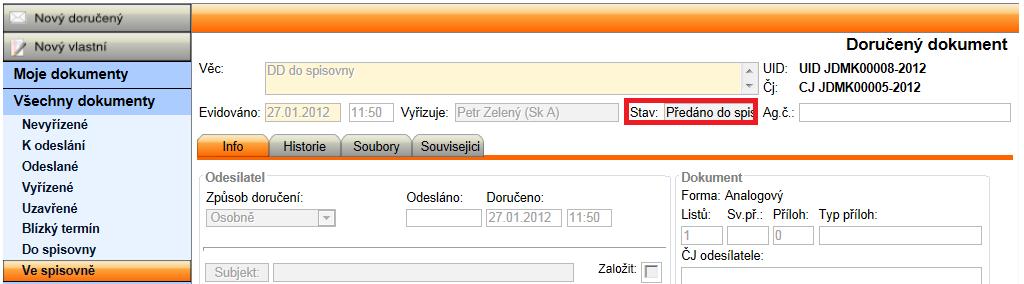 Seznam jednotlivých objektů uložených ve spisovně (tj. po odeslání UJ do spisovny a převzetí spisovnou) se uživateli zobrazuje ve složce Všechny dokumenty Ve spisovně.