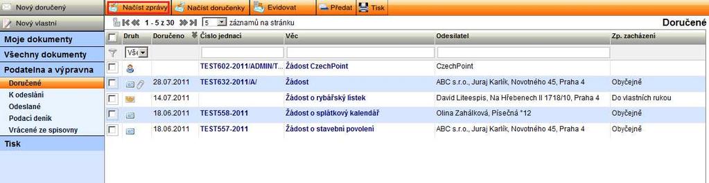 6.5.2.1. Načtení datových zpráv Ve složce Podatelna a výpravna Doručené zvolte příkaz <Načíst zprávy>. obr. 153.