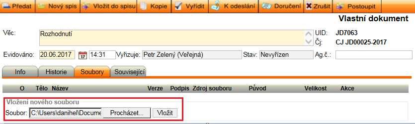 4.4.1. Vložení souboru Soubor k dokumentu lze připojit již při zakládání dokumentu (kap.4.2.1.1 Vyplnění položek dokumentu) nebo dodatečně na záložce Soubory, což je předmětem této kapitoly.