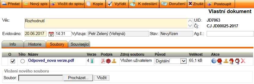 Poznámka: Elektronicky lze podepsat jen soubor ve formátu PDF a je možné na něj postupně aplikovat více elektronických podpisů. obr. 69. Soubor s připojeným el. podpisem 4.4.5.