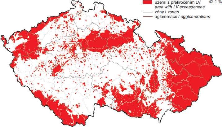 Obr. 23 Vyznačení oblastí s překročenými imisními limity