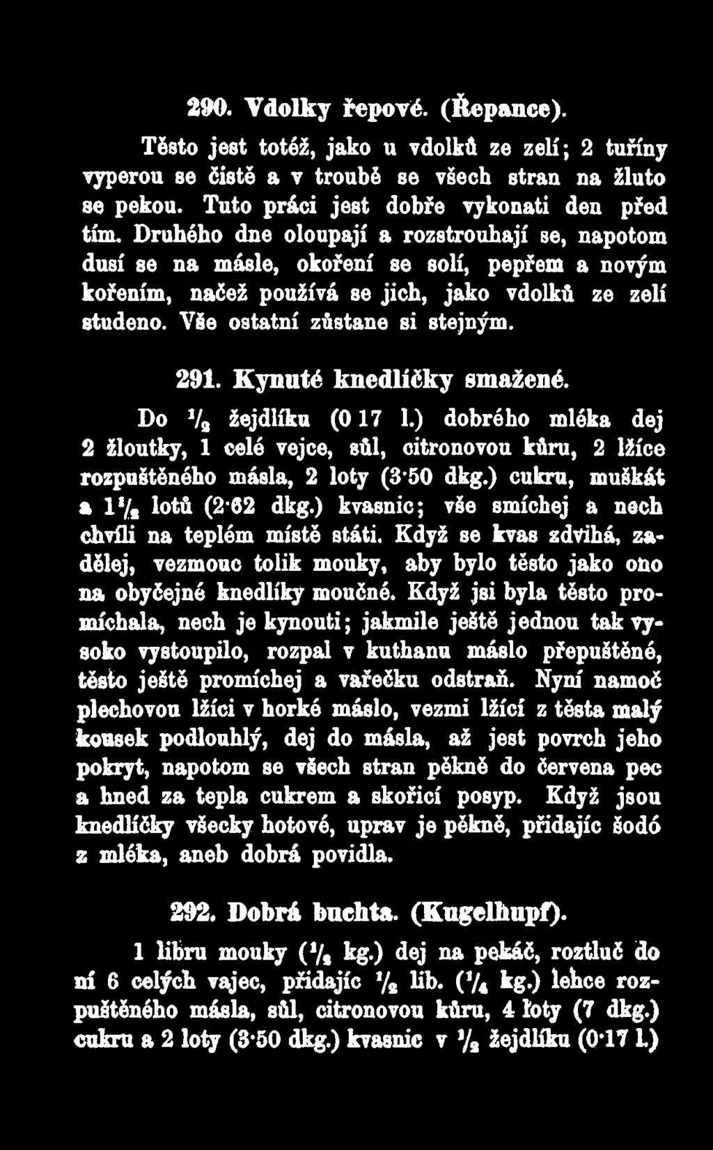 Kynuté knedlíčky smažené. Do Va žejdlíku (017 1.) dobrého mléka dej 2 žloutky, 1 celé vejce, sůl, citronovou kůru, 2 lžíce rozpuštěného másla, 2 loty (3'50 dkg.) cukru, muškát a 1'/* lotů (2*62 dkg.