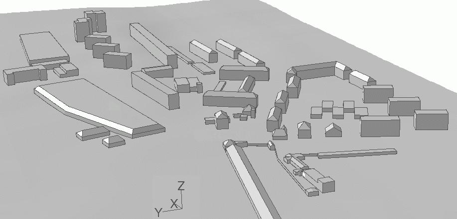 Šíření plynů v otevřeném prostředí CFD modely 31 Příkladová studie: šíření amoniaku Geometrický model: 870x480x110 m - návětrná rovinatá