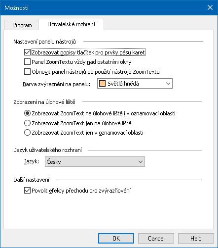 Kapitola 9 Předvolby 239 Předvolby uživatelského rozhraní Předvolby uživatelského rozhraní určují, jak uživatelské rozhraní ZoomTextu ve Windows vypadá. Jak upravit předvolby uživatelského rozhraní 1.