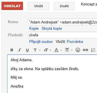 Přiložení přílohy k emailu K emailové textové zprávě můžeme přílohu také přiložit.