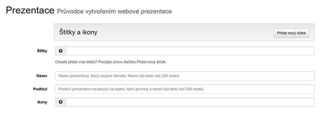 5. Redakční systém portálu praha-archeologicka.cz 5.1.1.3.1. Část štítky a ikony Obr. 5.8. Editace prezentace modul Štítky a ikony 5.1.1.3.1.1. Štítky Štítky slouží pro rychlé zorientování v obsahu dané prezentace a jako klíčová slova.