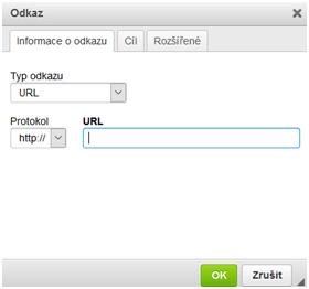 Zvolením ikony zobrazující znak odkazu (po najetí myší se zobrazí popisek Odkaz) se objeví okno s možností definovat odkaz.