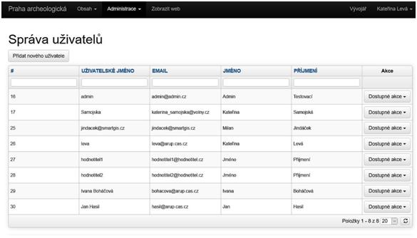 5. Redakční systém portálu praha-archeologicka.cz AKCE Obsahuje seznam Dostupných akcí s možnostmi: upravit; autoři úprav; smazat. Obr. 5.41. Tabulka (seznam) uživatelů. 5.2.1.1.2. Řazení hodnot Viz bod 5.