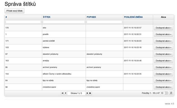 5. Redakční systém portálu praha-archeologicka.cz Obr. 5.44. Seznam (tabulka) štítků. 5.2.2.1.2. Řazení hodnot Viz bod 5.1.1.1.2. v části Prezentace. 5.2.2.1.3. Filtrování hodnot Viz bod 5.1.1.1.3. v části Prezentace. 5.2.2.1.4. Stránkování Viz bod 5.