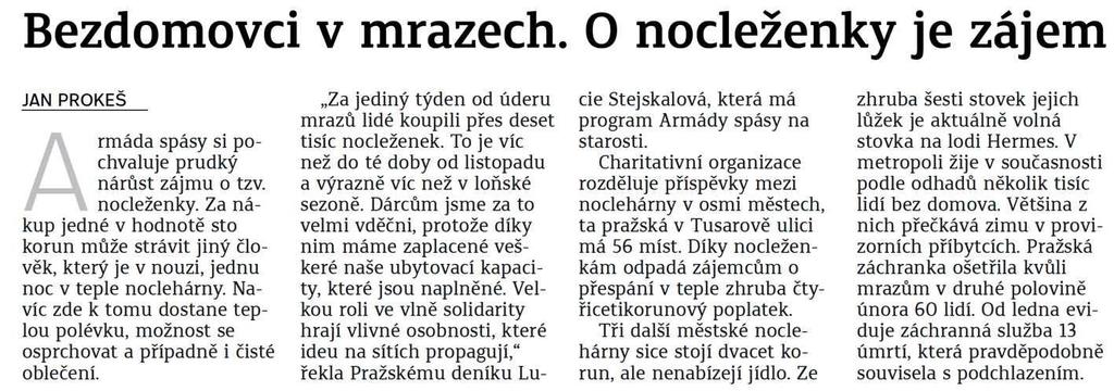 Pražský deník Bezdomovci v mrazech. O nocleženky je zájem 2.3.2018 Pražský deník str.