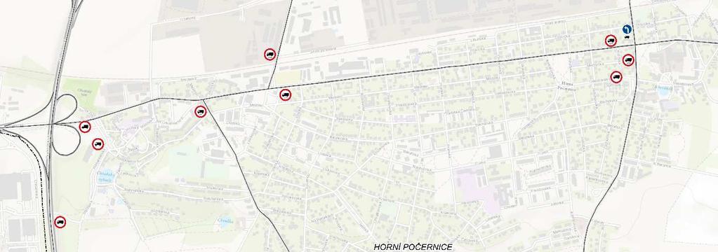 Obr. 17: Umístění dopravního značení omezení vjezdu nákladních vozidel v Horních Počernicích Zdroj: ArcGIS Na základě 24hodinového sčítání intenzit dopravy v rámci dopravně-inženýrského průzkumu