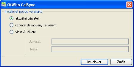 Při požadavku na stažení a instalaci nové verze aplikace dojde k zobrazení dialogu, který umožňuje specifikovat Windows uživatele, pod kterým bude spuštěn instalační proces, viz Obrázek 13.