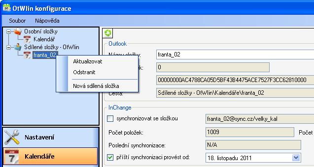 Ve výchozím nastavení je přednastavena synchronizace výchozího kalendáře MS Outlook s výchozím kalendářem aktuálního uživatele InChange (tím je zpravidla pracovní kalendář mající název work). 3.2.