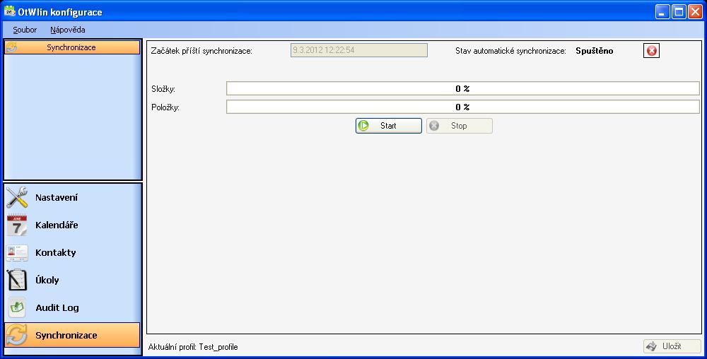 3.7 Jednorázová synchronizace Obrázek 24 - záložka Synchronizace Stisknutím tlačítka Start je možné vynutit zahájení synchronizace konfigurovaných složek, tlačítkem Stop ji případně zastavit.
