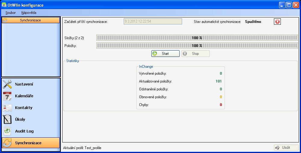 Obrázek 26 - konfigurační dialog se záložkou Synchronizace během prováděné synchronizace Obrázek 27 - statistiky provedené synchronizace Výsledek provedené synchronizace je zobrazen v místě