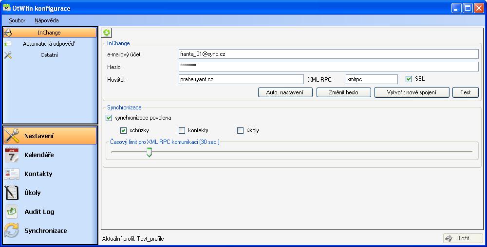 Po provedení inicializace a připojení k InChange je zobrazen konfigurační dialog synchronizačního nástroje (viz Obrázek 4).