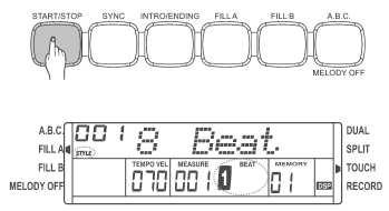 a/ ) spustíte pomocí tlačítka START/STOP. Indikátor taktu začne blikat. Hraní doprovodného rytmu ukončíte opětovným stiskem tlačítka START/STOP.