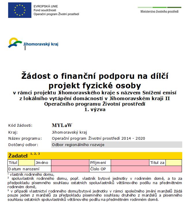 Kód žádosti v úvodu formuláře je uveden Kód žádosti. Je to náhodně vygenerovaná sestava pěti písmen, čísel a znaků. Tento kód se mění vždy po vyplnění jednotlivých polí.