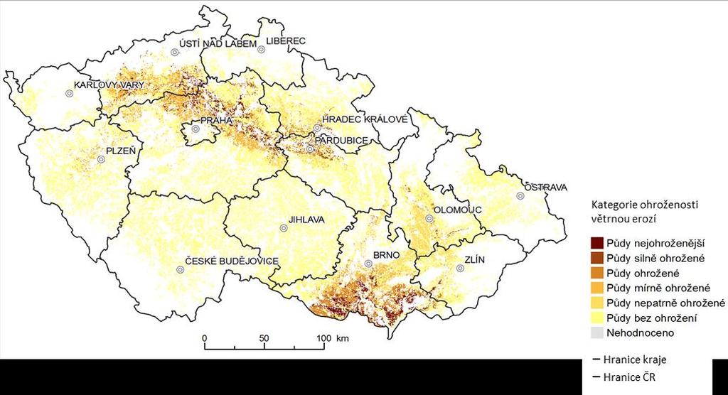 Obr. 3 Potenciální ohroženost zemědělské půdy větrnou erozí